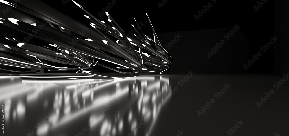 Luxury parametric abstract architectural minimalistic background. Contemporary showroom. Modern black exhibition tunnel. Empty gallery. Stand, table. Interior backlight. 3D illustration and rendering.