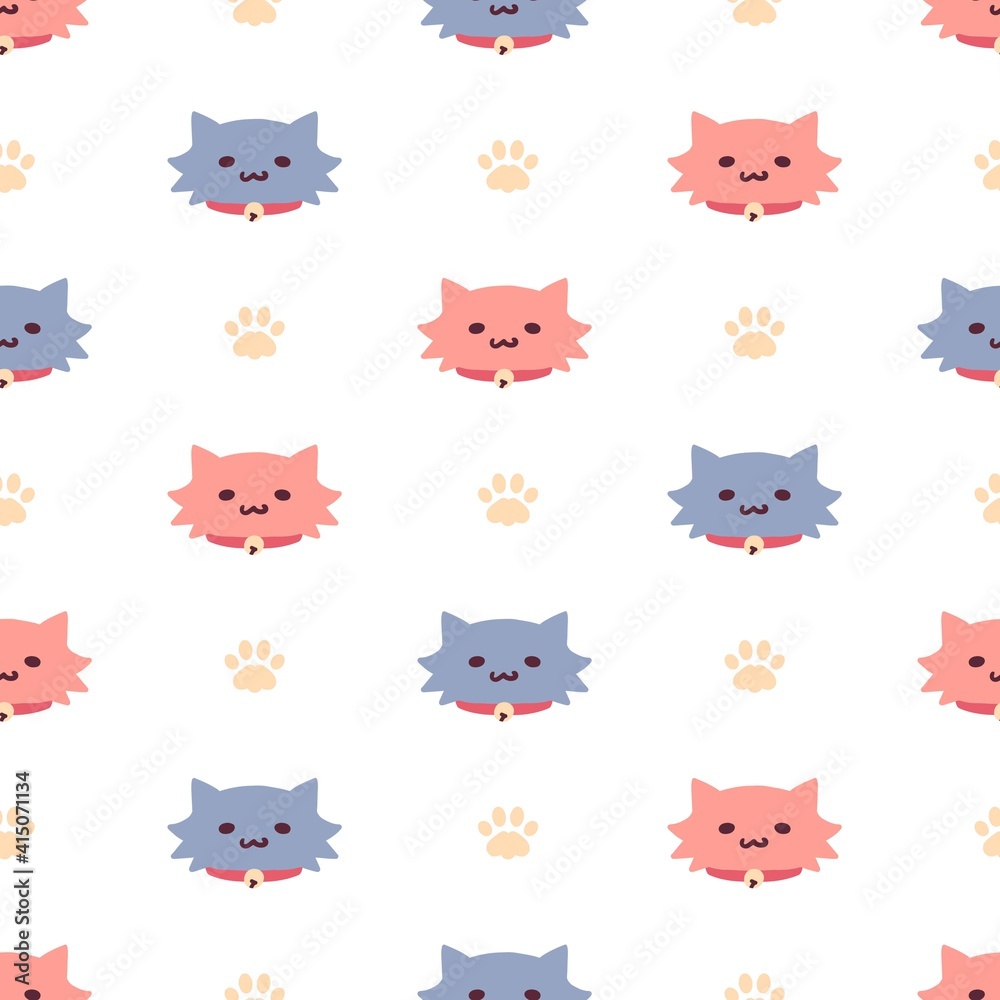 Vector Red and Blue Kitty Head Cartoon Graphic Seamless Pattern