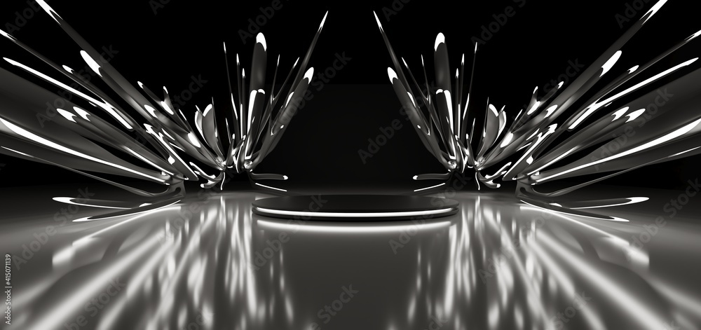 Luxury parametric abstract architectural minimalistic background. Contemporary showroom. Modern black exhibition tunnel. Empty gallery. Stand, table. Interior backlight. 3D illustration and rendering.