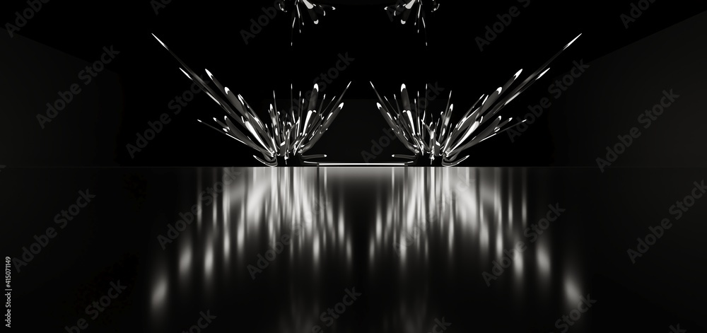Luxury parametric abstract architectural minimalistic background. Contemporary showroom. Modern black exhibition tunnel. Empty gallery. Stand, table. Interior backlight. 3D illustration and rendering.