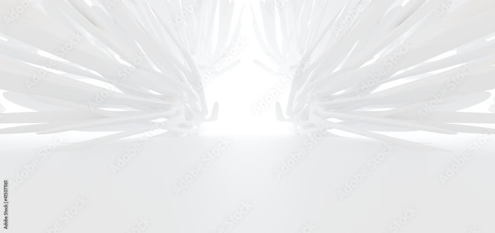 Luxury white abstract architectural minimalistic background. Contemporary showroom. Modern exhibition stand. Empty gallery. Backlight. Polygonal Graphic Design. 3D illustration and rendering.