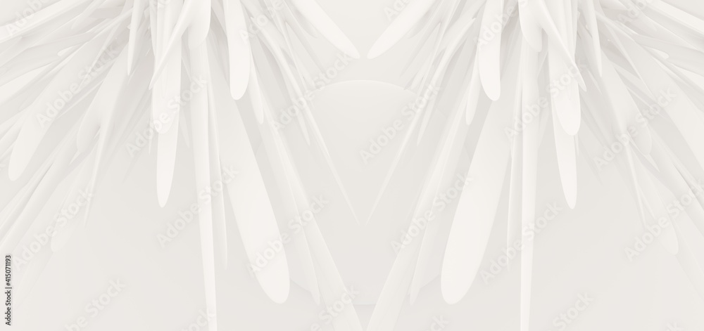 Luxury white abstract architectural minimalistic background. Contemporary showroom. Modern exhibition stand. Empty gallery. Backlight. Polygonal Graphic Design. 3D illustration and rendering.
