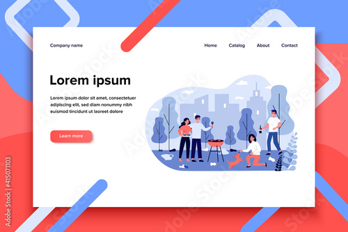 Young people enjoying barbecue among rubbish outdoors. Plastic waste, picnic, city park flat vector illustration. Environment, ecology problem concept for banner, website design or landing web page
