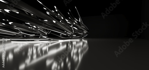 Obraz na płótnie Luxury parametric abstract architectural minimalistic background. Contemporary showroom. Modern black exhibition tunnel. Empty gallery. Stand, table. Interior backlight. 3D illustration and rendering. w salonie