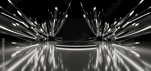 Obraz na płótnie Luxury parametric abstract architectural minimalistic background. Contemporary showroom. Modern black exhibition tunnel. Empty gallery. Stand, table. Interior backlight. 3D illustration and rendering. w salonie