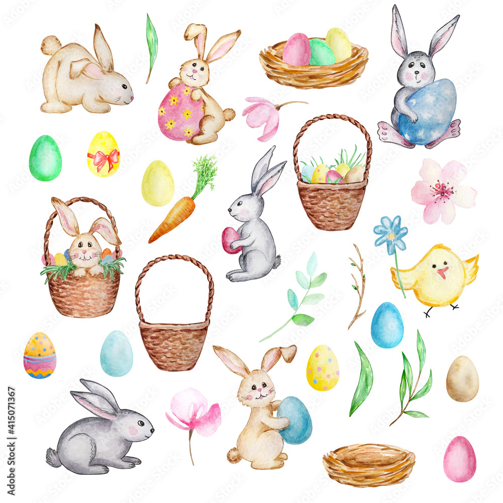Watercolor big Easter set, rabbits, eggs, basket, flowers