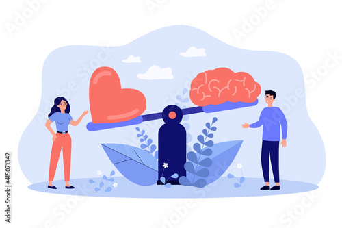 Two people comparing logic thinking and intuition on scales flat vector illustration. Cartoon man and woman looking at brain vs heart on seesaw. Emotional instincts and logic balance concept