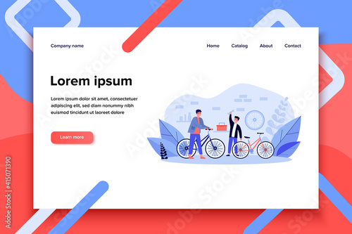 Young father and son repairing bicycles in garage. Wheel, bike, family flat vector illustration. Service and transport concept for banner, website design or landing web page
