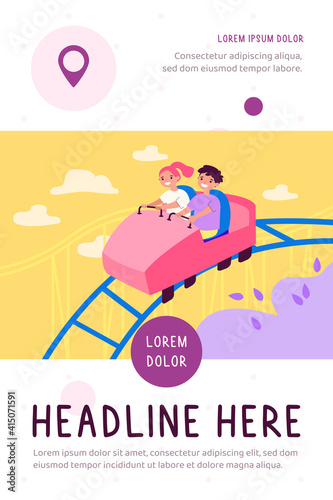 Happy kids riding on high rollercoaster flat vector illustration. Cartoon children having fun, laughing and screaming in amusement park. Childhood and entertainment concept