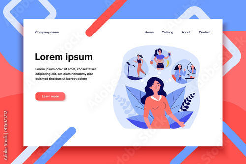 Woman thinking about fitness, nutrition and beauty. Food, care, body flat vector illustration. Activity and healthy lifestyle concept for banner, website design or landing web page