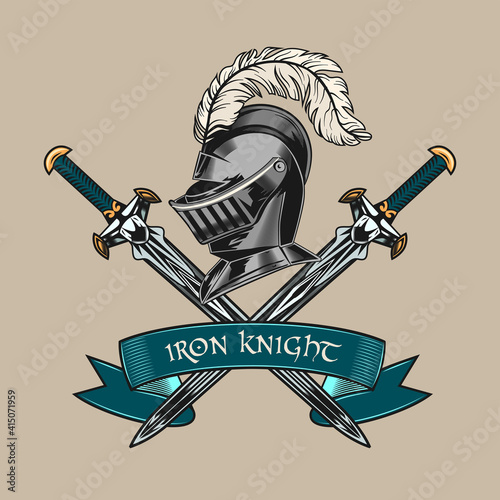 Creative emblem with knight iron helmet. Colorful design element with crossed swords and metal protective helmet. Medieval history and heraldry concept for tattoo, stamp, print template