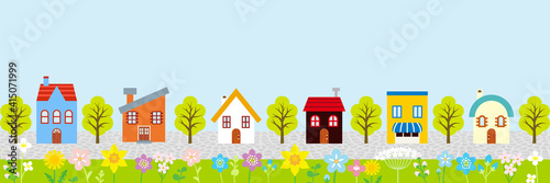 Springtime townscape, cute cartoon style - banner ratio