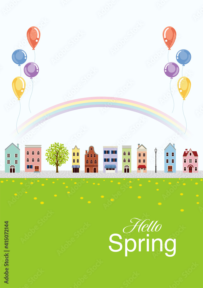 Old style townscape with balloons and rainbow - vertical ratio, Included greeting word 