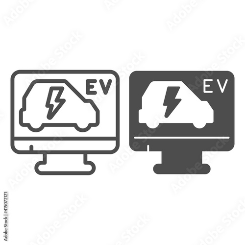 Computer monitor with electric car line and solid icon, electric car concept, ev vehicle repair service sign on white background, computer diagnostic scan icon in outline style. Vector graphics.