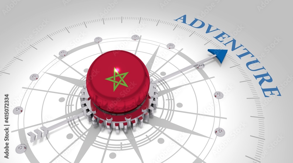 Travel concept. Abstract compass points to the adventure word. Flag of Morocco. 3D rendering Travel concept. Abstract compass points to the adventure word. Flag of Morocco. 3D rendering