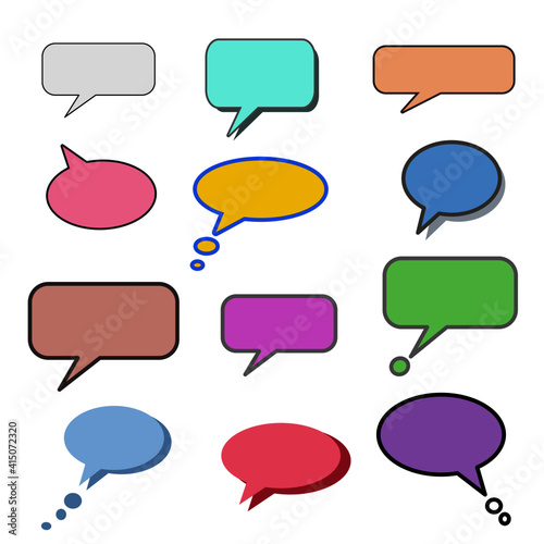 Set different dialog box, frame, speech balloon bubble colorful red violet yellow blue color in black line frame on grey background, Empty blank comment Talk chat speak message vector