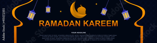 Islamic Ramadan Kareem banner in gold color, Islamic ornaments and lanterns