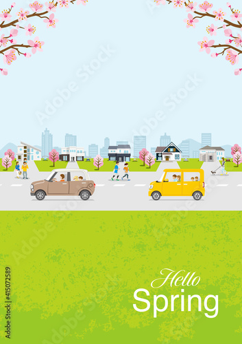 People and cars in the residential area townscape, Blooming cherry blossoms - Vertical ratio, Included words "Hello Spring"