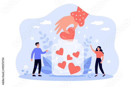 Happy tiny people collecting hearts in jar flat vector illustration. Cartoon volunteers giving love, hope and social support. Charity help community and generous donation concept
