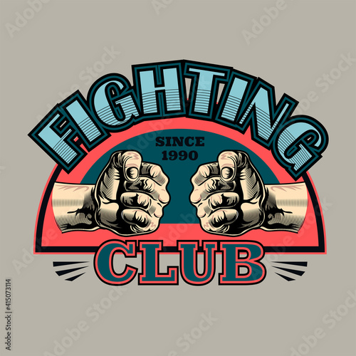 Engraving colored emblem with two fists. Colorful design elements with fighter hands in punches and text. Sport activity or martial arts concept for fighting club stamp, label, sign template