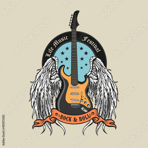 Engraving badge with winged guitar vector illustration. Colored emblem for live concert with guitar and angel wings. Rock music festival and entertainment concept can be used for retro template