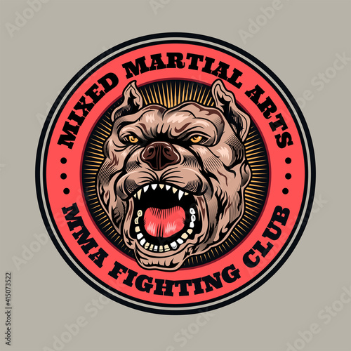 Engraving round label with head of dog vector illustration. Vintage emblem for fighting club. Sport activity or mixed martial arts concept can be used for retro template, banner or poster