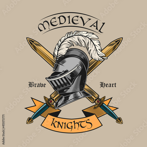 Vintage sticker with iron helmet and crossed swords vector illustration. Colorful helmet od medieval knight with feather. Medieval history and heraldry concept can be used for retro template
