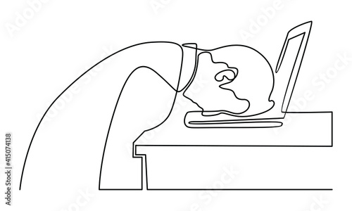 Continue line of tired employee sleeping at workplace on laptop keyboard
