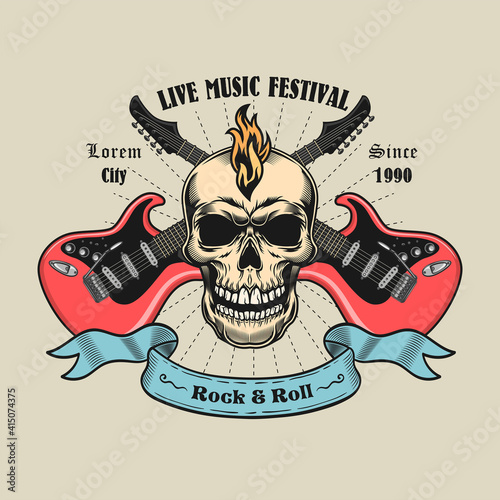 Creative label with crossed guitars and skull. Colorful elements for web design with electric guitars and text. Rock music festival and entertainment concept for band stamp, label, sign template