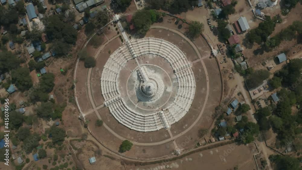 Top down aerial at famous white Hsinbyume Pagoda in Myanmar, Myatheindan Top down aerial at famous white Hsinbyume Pagoda in Myanmar, Myatheindan