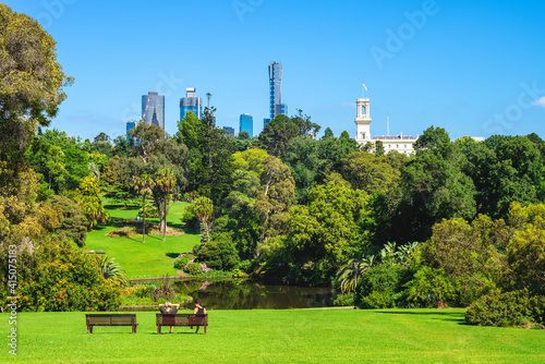 Royal Botanic Gardens and melbourne skyline in australia photo