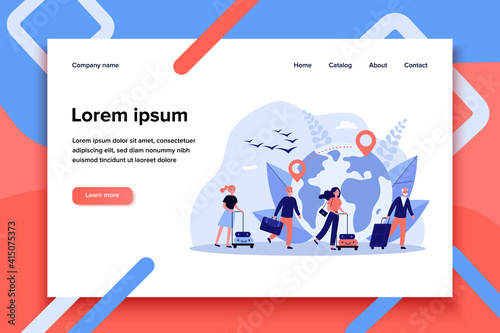 World travel concept. Queue of tourists and immigrants wheeling luggage, map with destination line and pointer in background. For international migration, tourism, vacation concept
