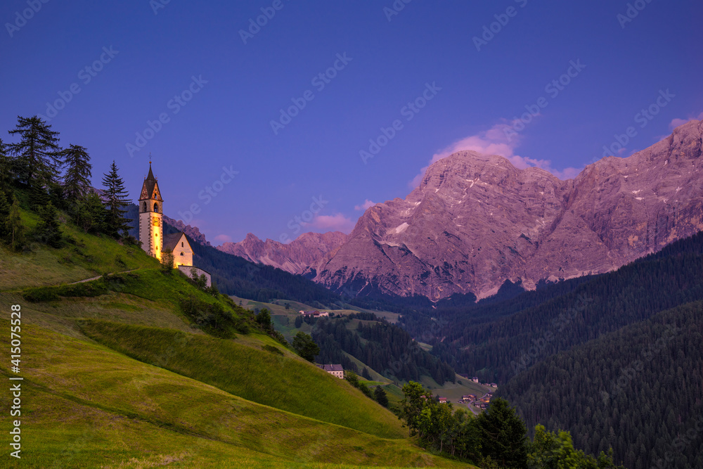 Europe, Italy, Dolomites, Val di Funes. Chapel of St. Barbara at sunset.