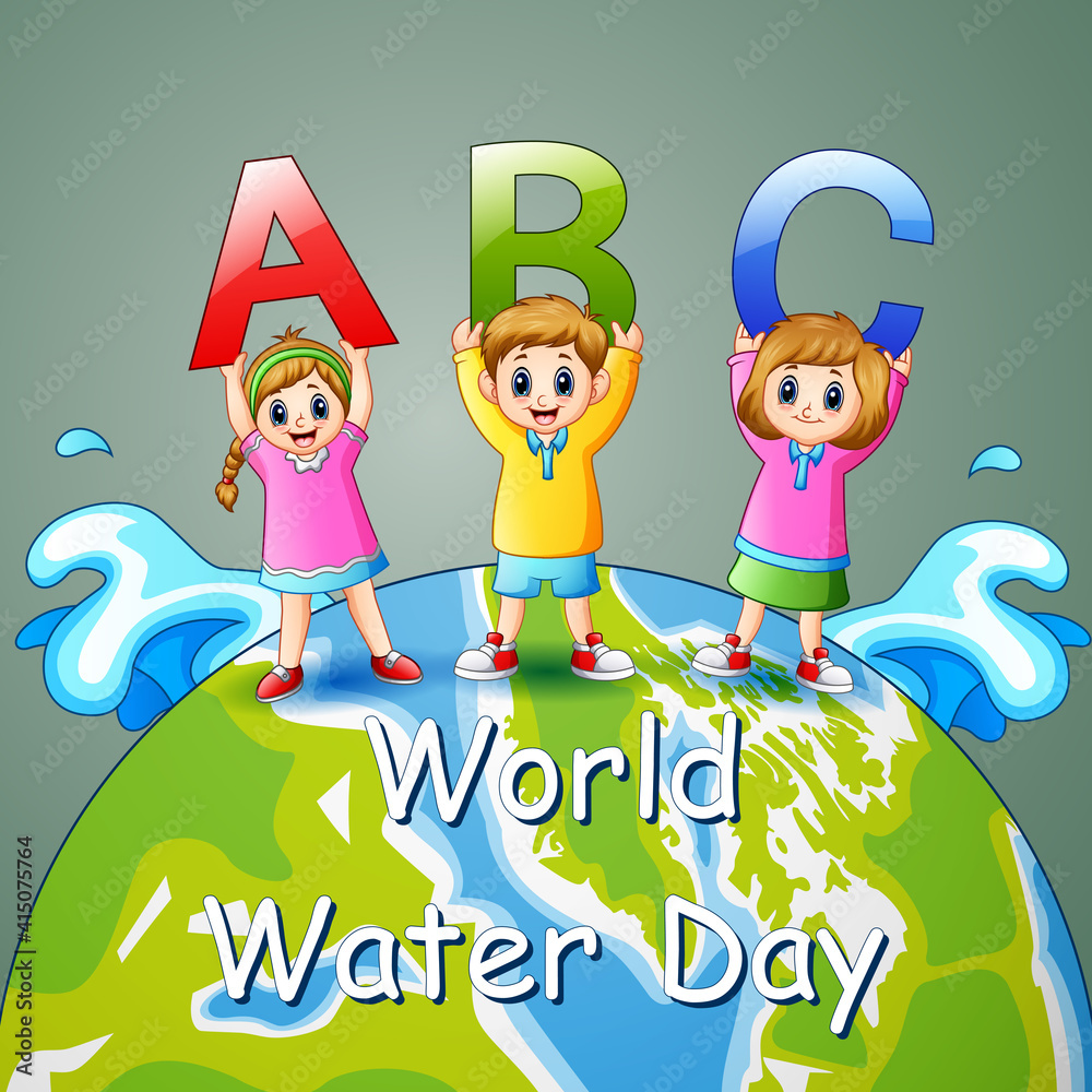 Naklejka premium World water day design with children holding ABC letter