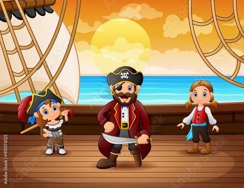 Pirate ship with captain in the sea