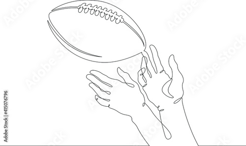 American football. Hands reach for the football and rugby ball in the game. Throwing and catching the ball. One continuous drawing line  logo single hand drawn art doodle isolated minimal illustration