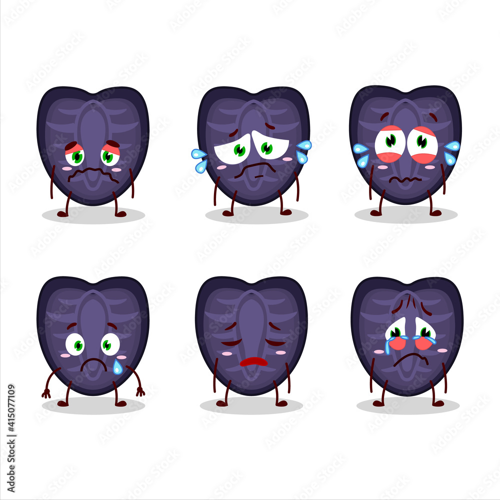 Slice of black strawberry cartoon character with sad expression Slice of black strawberry cartoon character with sad expression