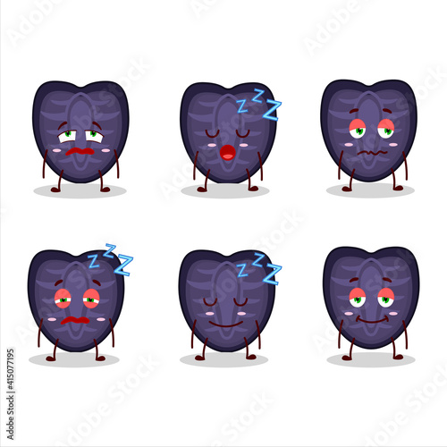 Cartoon character of slice of black strawberry with sleepy expression