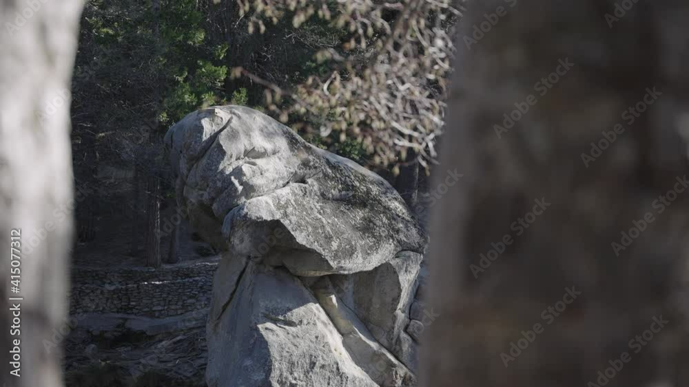 Tight shot of the rock in the middle of the pond using 2 branches as foreground in a forest on the mountain. Tight shot of the rock in the middle of the pond using 2 branches as foreground in a forest on the mountain.