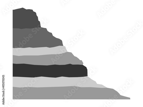 Sedimentary slope. Grey layered outcrop. Geologic cross section