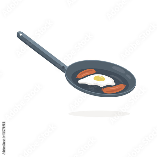 Fried eggs with sausages in a frying pan. Classic light breakfast . Two sausages and an egg. Vector illustration. Flat style. Isolated element