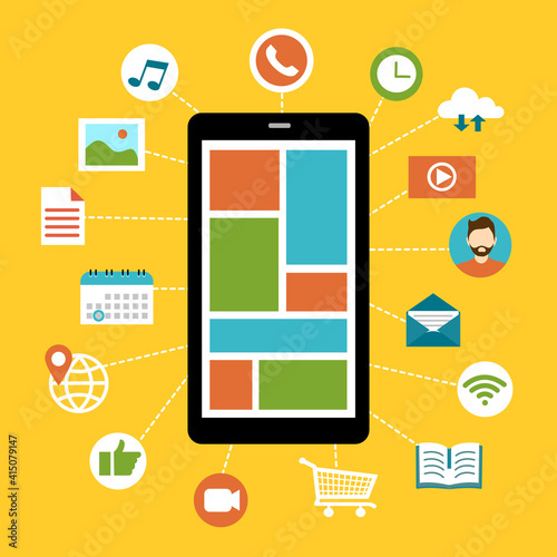 Smartphone functions- taking photo, online messaging, chat, music, video, document and financial content. Mobile app concept.