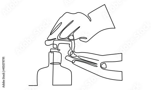 Continue line of hands using hand sanitizer gel pump dispenser or alcohol to protect Covid-19 virus or coronavirus