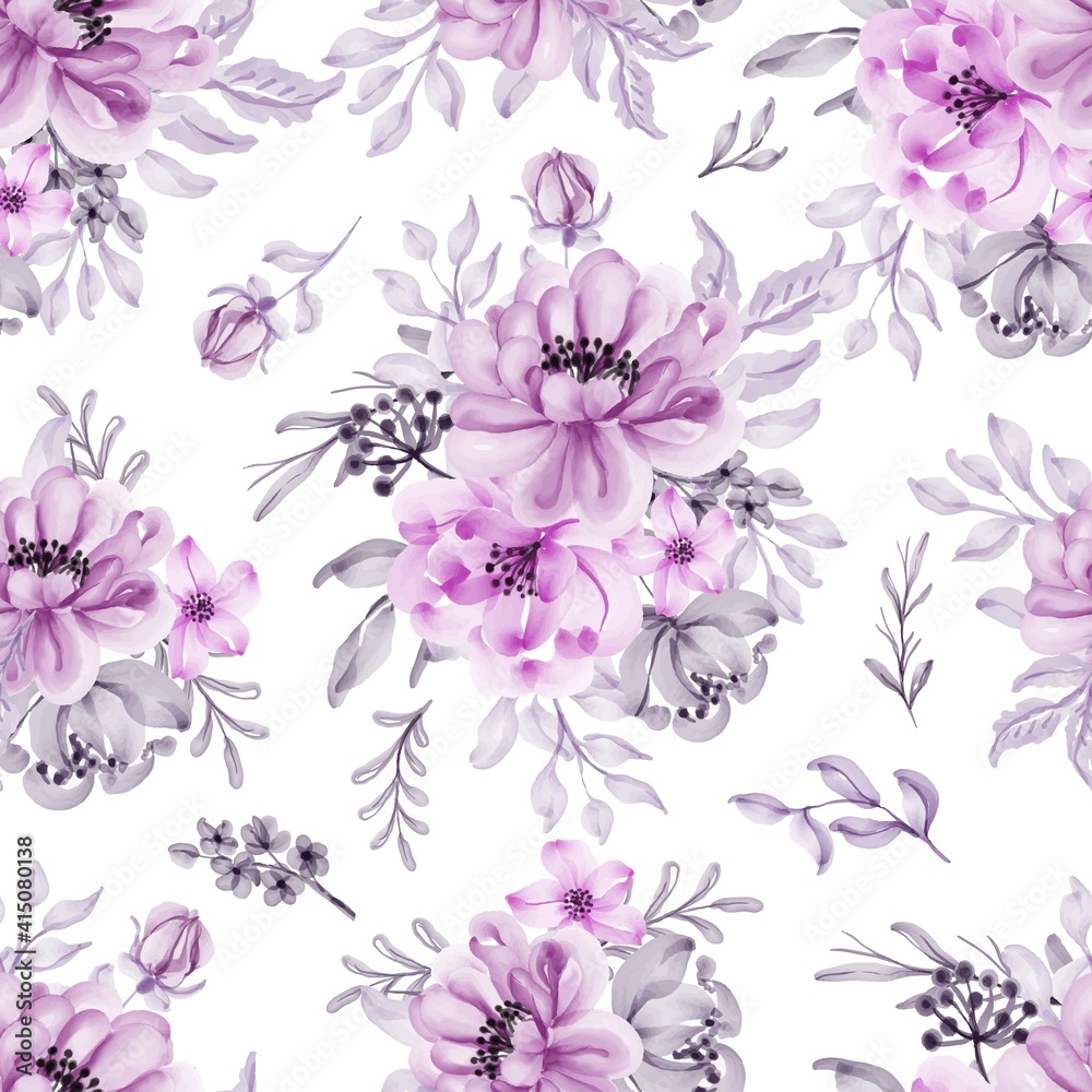 Seamless pattern beautiful lilac flower and leaves