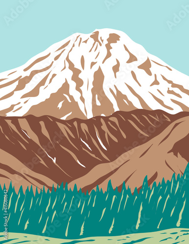WPA poster art of the Redoubt Volcano or Mount Redoubt, an active stratovolcano in the largely volcanic Aleutian Range of  Alaska done in works project administration or federal art project style.