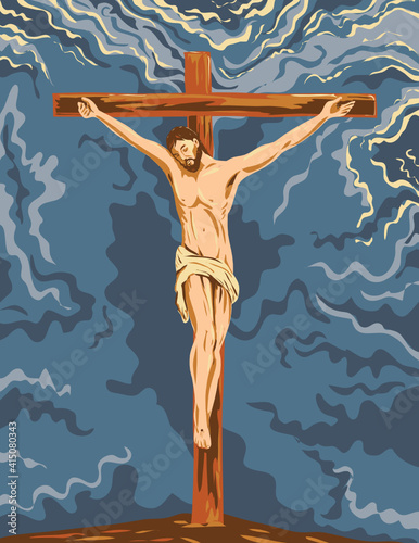 WPA poster art of the crucified Jesus Christ on the cross during his crucifixion done in works project administration or federal art project style.