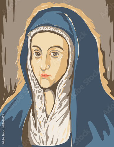 WPA poster art interpretation of El Greco Domenikos Theotokopoulos artwork, Virgin Mary or Mater Dolorosa circa 1597, 16th century Spanish Renaissance artist in works project administration style.