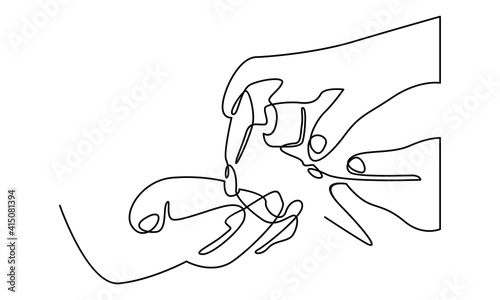 Continue line of hands using hand sanitizer gel pump dispenser or alcohol to protect Covid-19 virus or coronavirus
