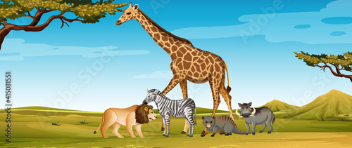 Group of wild african animal in the zoo scene