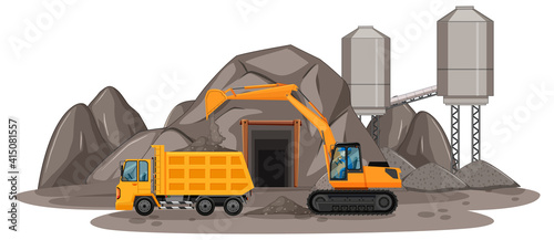 Coal mining scene with different types of construction trucks